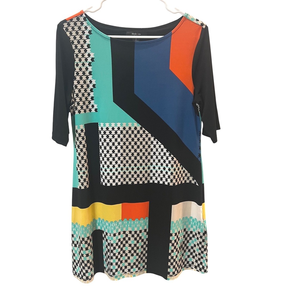 Style & Co Womens Colorblock Geometric Shift Dress Teal Orange Blue Small